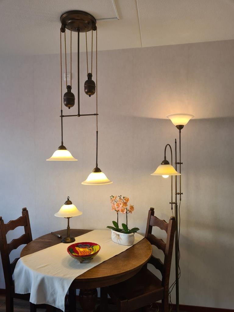 Set! Klassieke hanglamp met katrollen, vloer- en schemerlamp, Ophalen of Verzenden, Zo goed als nieuw, Glas, Klassiek, Tijdloos