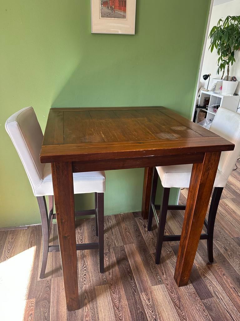 Massief eiken bartafel met 2 barkrukken, Ophalen, Gebruikt