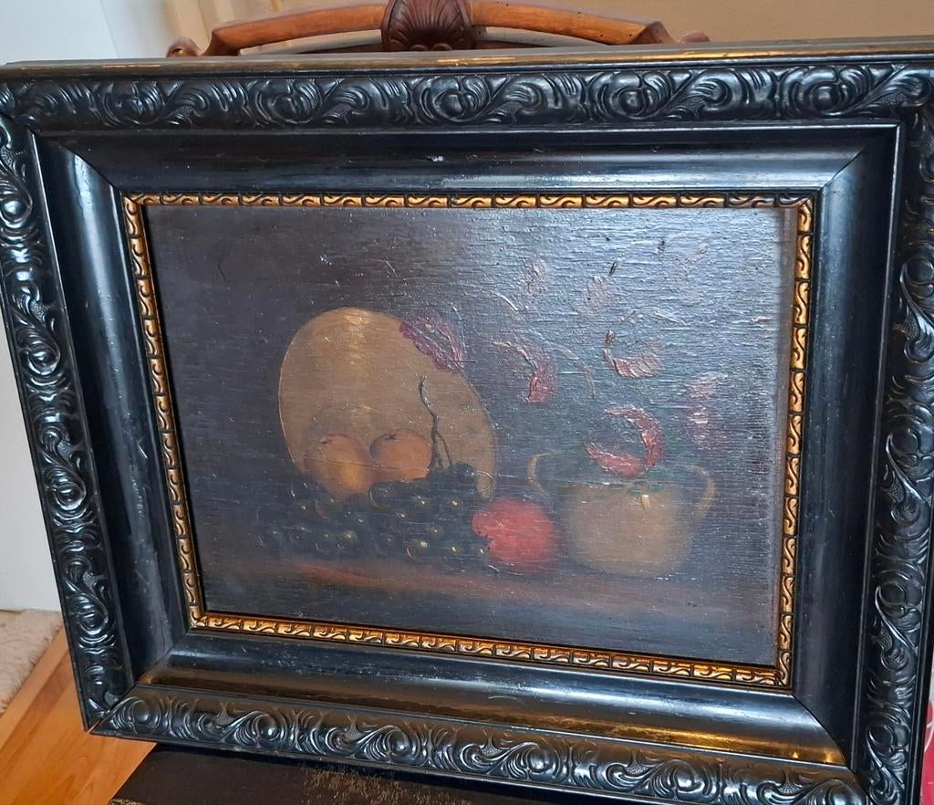 Antiek schilderij stilleven fruit verf op paneel zwart, Antiek en Kunst, Kunst | Schilderijen | Klassiek, Ophalen of Verzenden