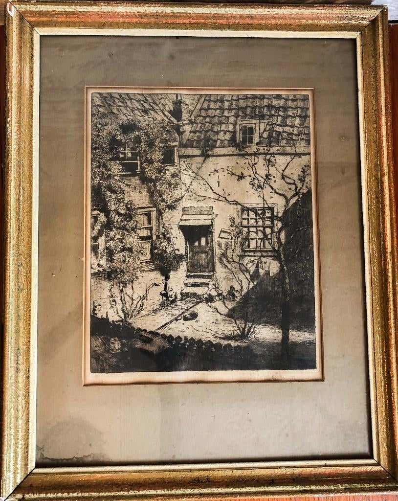 Jan Poortenaar (1886-1958) - ets van oude huisje, Antiek en Kunst, Ophalen of Verzenden, Ingelijst, Dagelijks leven, 1950 - 1999