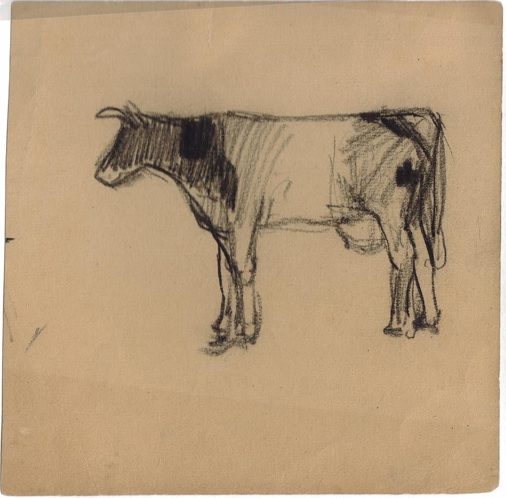 Onbekende NL Maker krijttekening "Koe", met verso, Ophalen, Minder dan 50 cm, Gebruikt, Minder dan 50 cm
