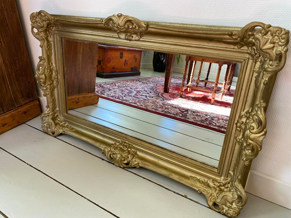 Antieke, brocante gouden spiegel met barok lijst, Ophalen, Rechthoekig, 50 tot 100 cm, Minder dan 100 cm