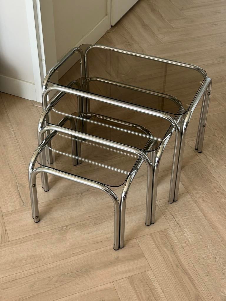 Vintage mimiset bijzettafels chroom bruin rookglas, Huis en Inrichting, Tafels | Bijzettafels, Ophalen, Gebruikt, Glas