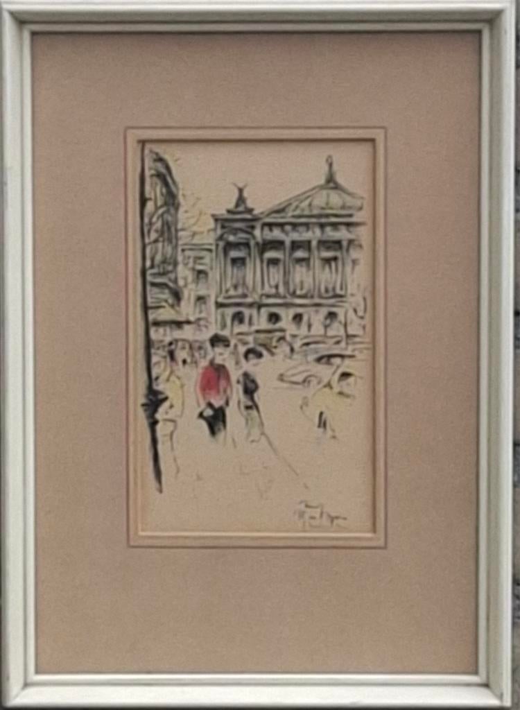 Place de L' Opera. Ets. Sign.  Ca '20/'40. 25/34 cm., Antiek en Kunst, Ophalen, Ets, Architectuur, Gesigneerd