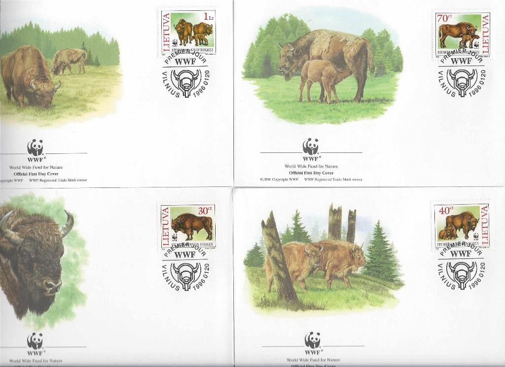 Litauen Bizon wwf wnf 4 fdc bedreigde diersoorten 1996, Ophalen of Verzenden, Overige landen, Postfris