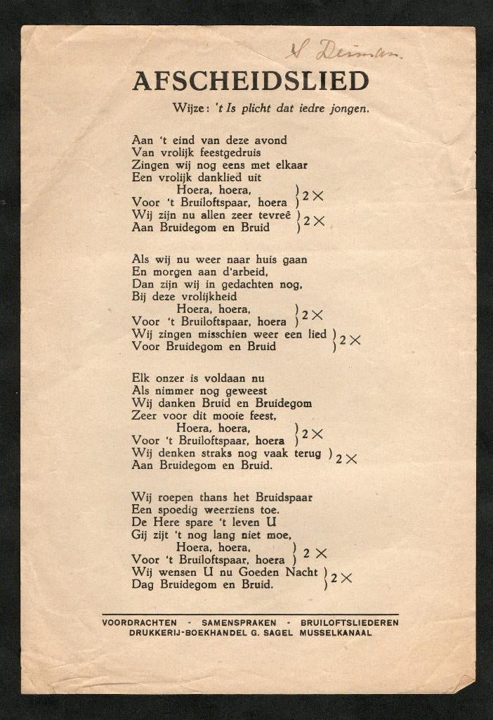 Musselkanaal Drukkerij Sagel Bruiloftslied, jaren 30., Ophalen of Verzenden, Gebruikt
