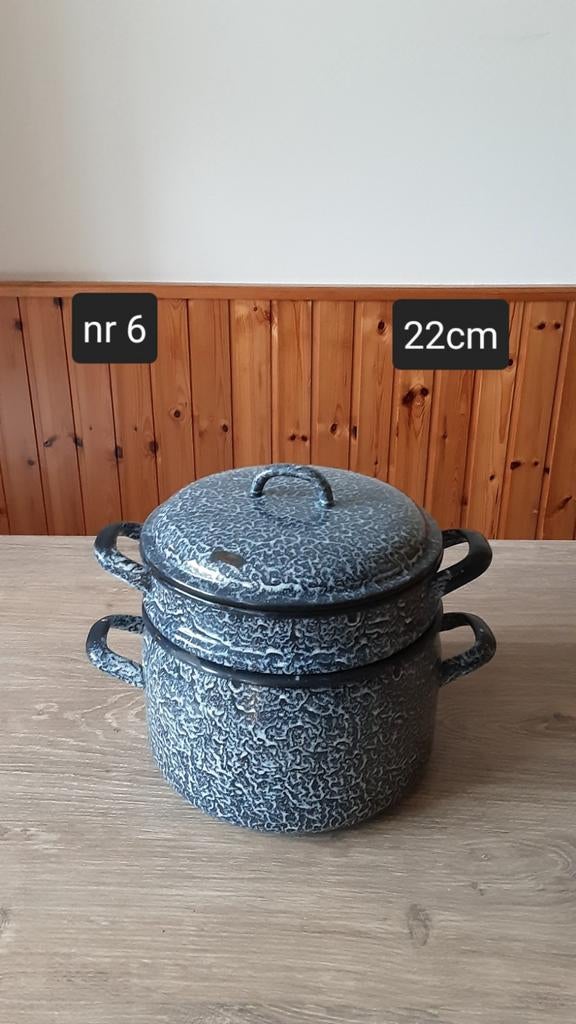 EMAILLE GRIJSGEWOLKTE STOOMPAN DIAMETER 22CM., Antiek en Kunst, Antiek | Emaille, Ophalen of Verzenden