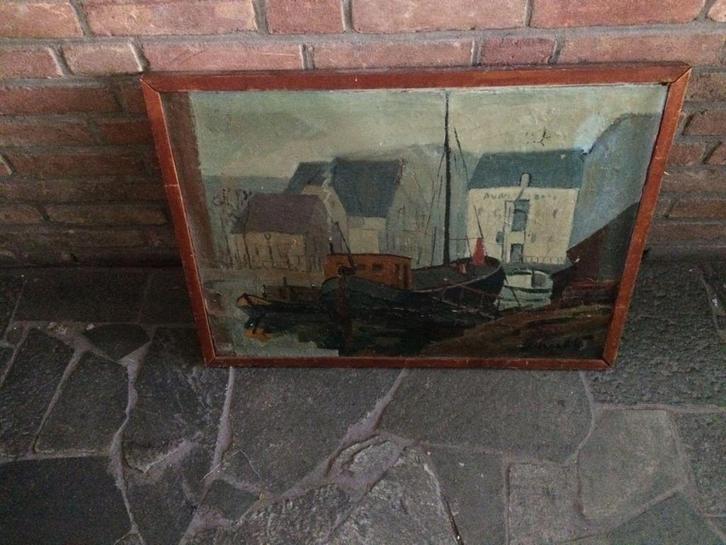 Sfeervol Maritiem Schilderij: Vissersboten & Dorpsgezicht, Antiek en Kunst, Kunst | Schilderijen | Klassiek, Ophalen of Verzenden