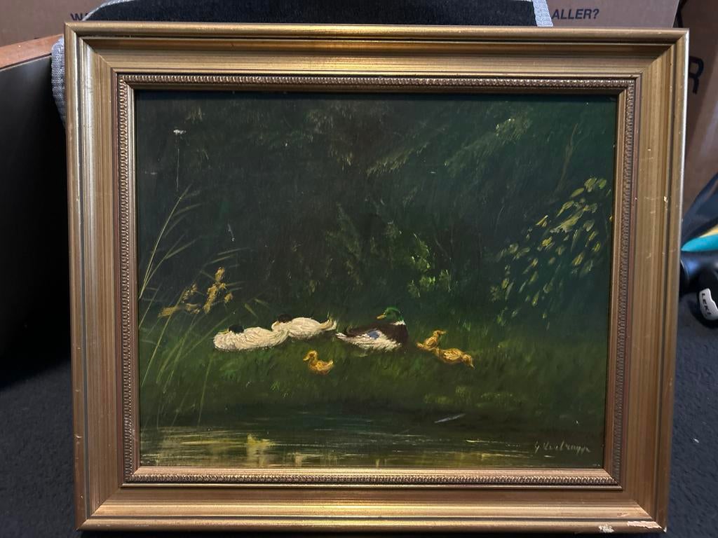 Schilderij eenden aan waterkant, Antiek en Kunst, Kunst | Schilderijen | Klassiek, Ophalen of Verzenden