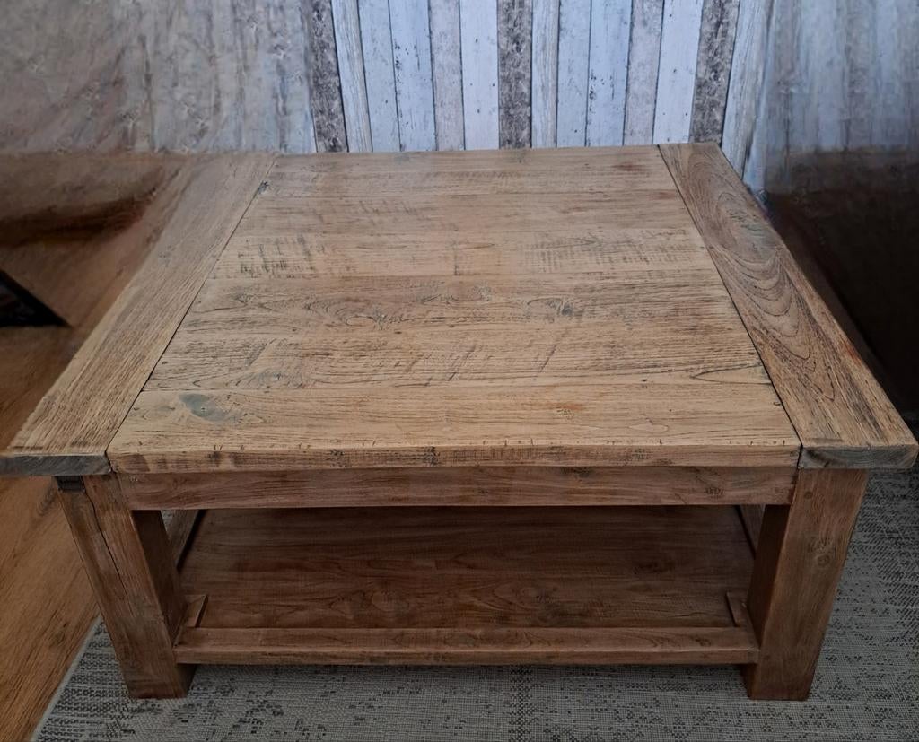 Robuuste teakhouten salontafel Dingklik 100x100 cm, Huis en Inrichting, Tafels | Salontafels, Ophalen of Verzenden, Zo goed als nieuw