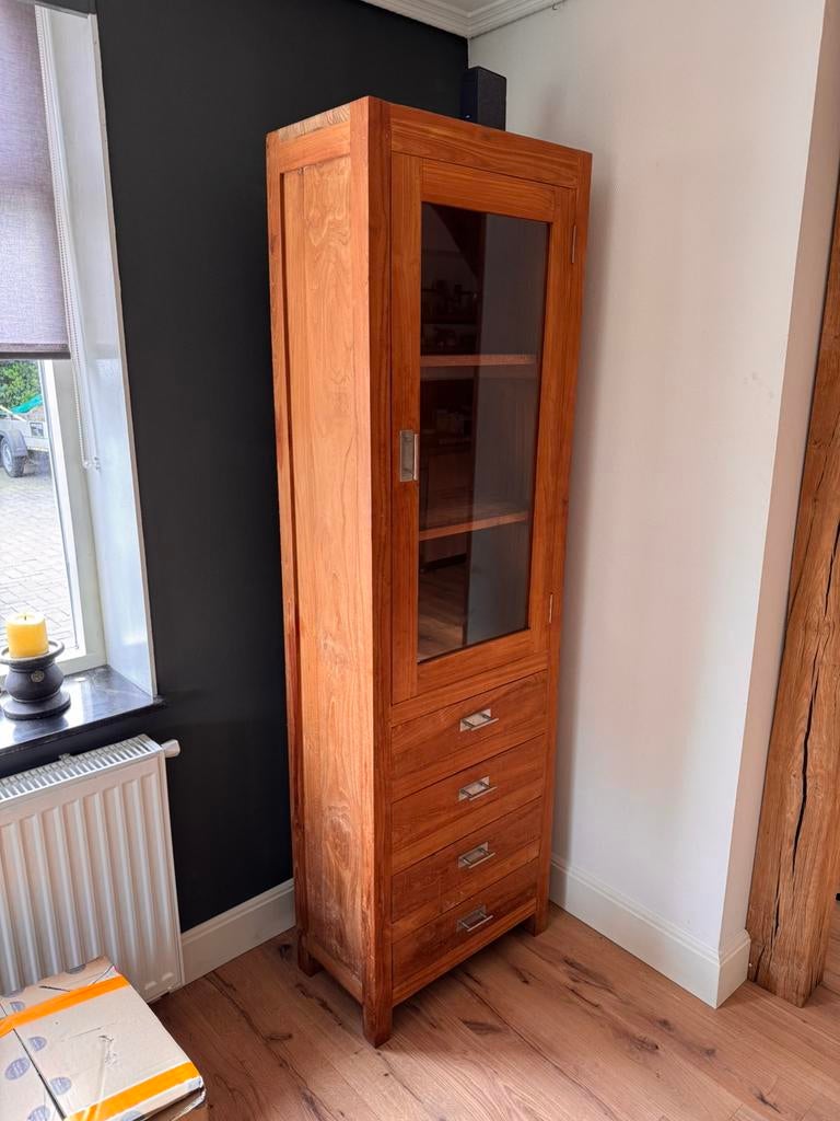Teak houten vitrinekast, Huis en Inrichting, Kasten | Vitrinekasten, Zo goed als nieuw, 150 tot 200 cm, 25 tot 50 cm, 50 tot 100 cm