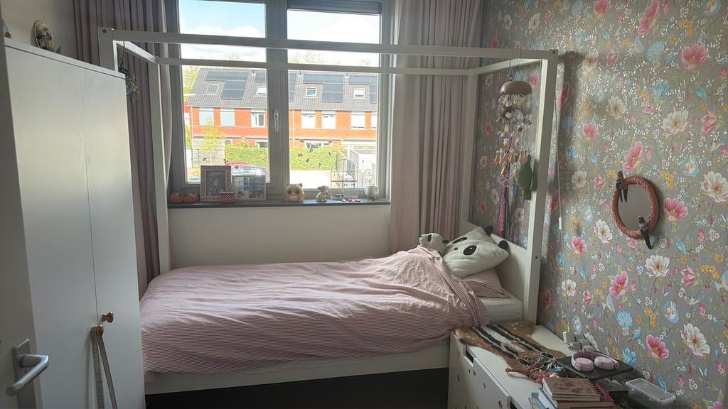 Wit hemelbed, Ophalen, 85 tot 100 cm, Gebruikt, Lattenbodem