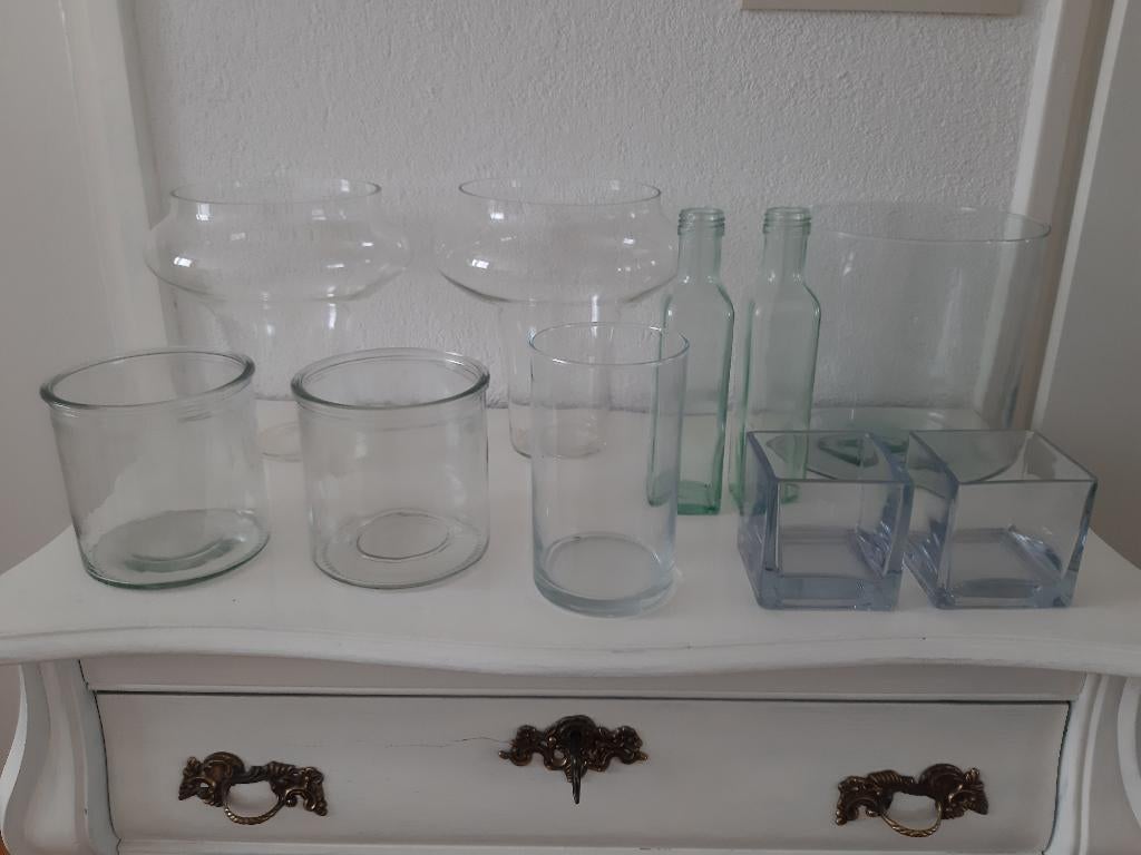 glazen vazen / potten enz. - leuk voor decoupage, Huis en Inrichting, Woonaccessoires | Vazen, Ophalen, Overige kleuren, Minder dan 50 cm