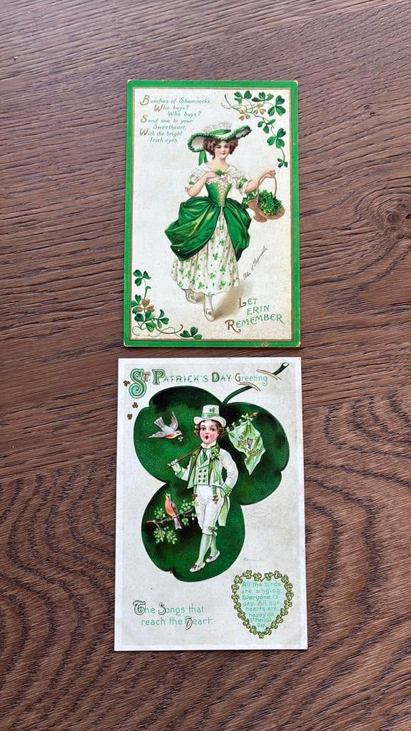 Reliefkaarten.St.Patrick’s Day.man,vrouw,klaver 3.Ierland, Ophalen of Verzenden, Voor 1920