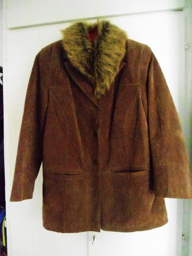 Echt zeemlederen dames blazer met afneembaar bontje mt 42, Ophalen, Bruin, Maat 42/44 (L), Onbekend