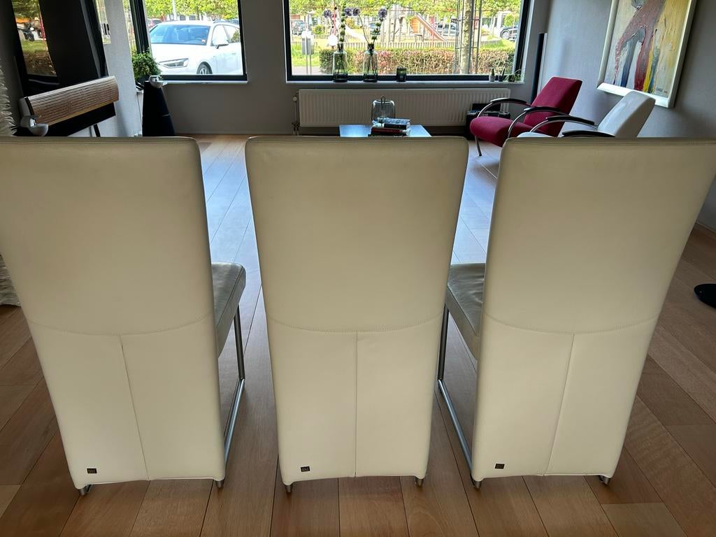Rolf Benz Eettafelbank en Stoelen - Wit Leer, Ophalen, Gebruikt, Drie, Wit