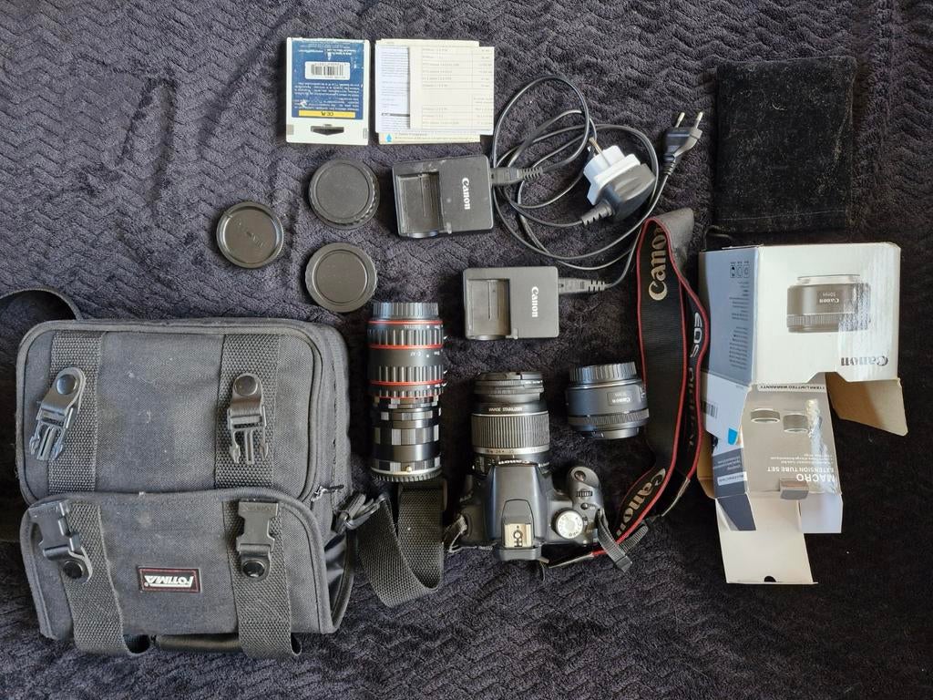 Canon 500D met Lenzen, Opladers, Draagtas en Macro Set, Ophalen of Verzenden, Gebruikt, Macrolens