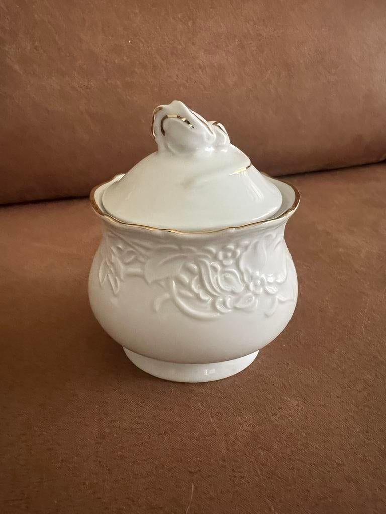 Suikerpotje wit met gouden rand en bloemen, Ophalen, Gebruikt, Overige typen, Overige stijlen