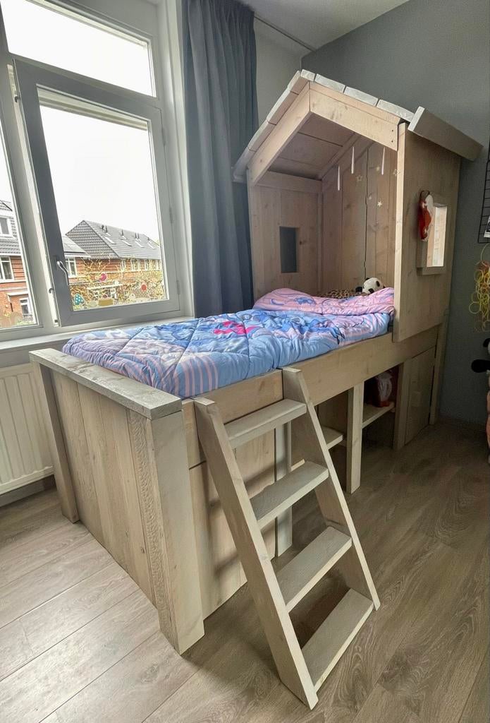 Half hoogslaper (eenpersoonsbed) van steigerhout, Ophalen, 85 tot 100 cm, Gebruikt, Hoogslaper of Stapelbed