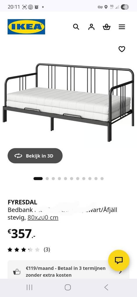 IKEA FYRESDAL bedbank, zwart, 80x200 cm, Ophalen, Eenpersoons, Zwart, 80 cm
