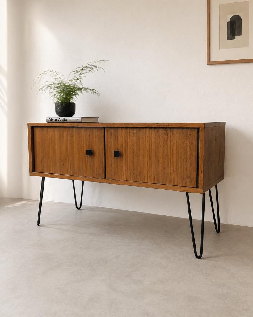 Vintage MDK teak lowboard — tv-meubel / commode, Ophalen, 25 tot 50 cm, Minder dan 100 cm
