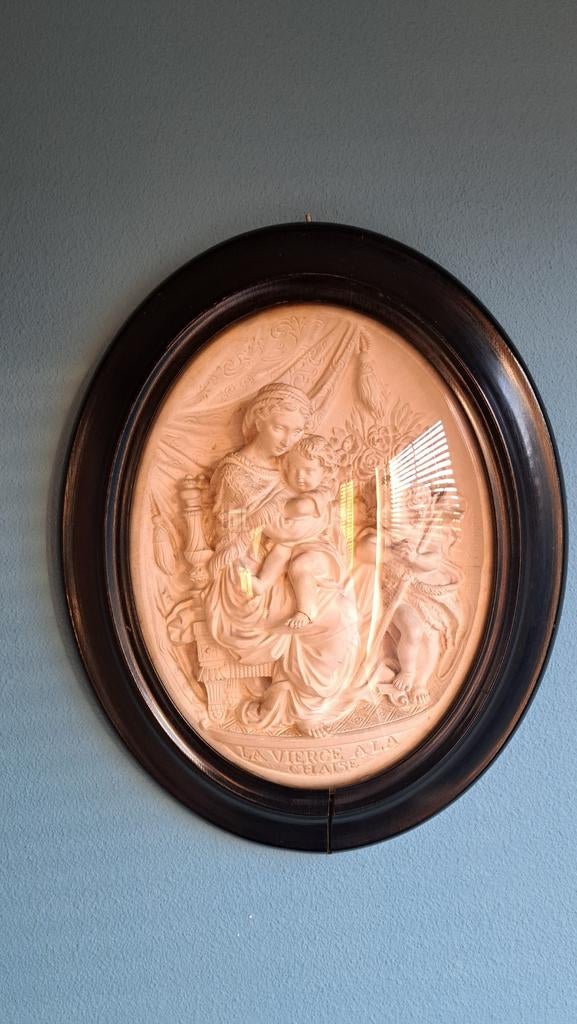 Ovaal meerschuim reliëf 'La Vierge à la Chaise' in lijst, Ophalen of Verzenden