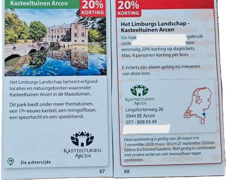 Kasteeltuinen Arcen 20% kortingscode, Tickets en Kaartjes, Kortingen en Cadeaubonnen, Drie personen of meer, Kortingsbon