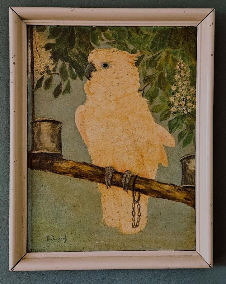 Karaktervol Olieverfschilderij "Kaketoe op Bloesemtak", Antiek en Kunst, Kunst | Schilderijen | Klassiek, Ophalen of Verzenden