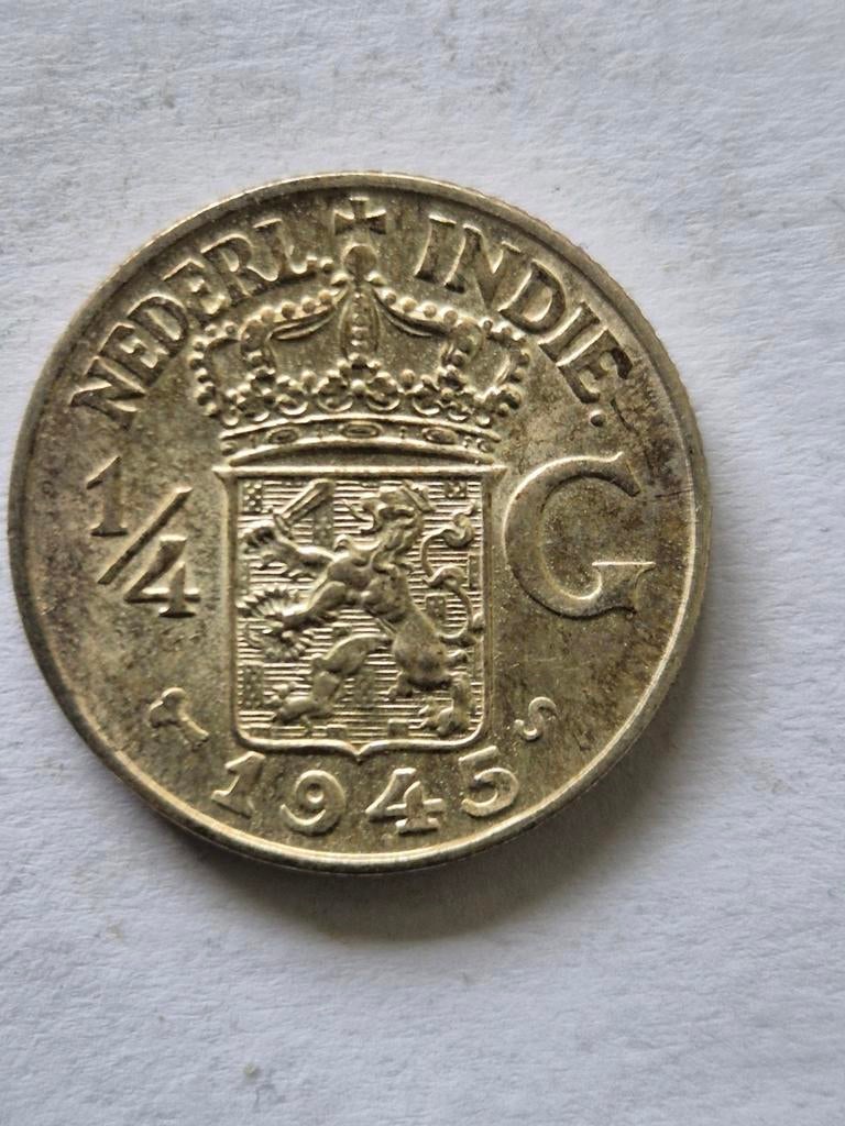 1/4 Gulden koningin Wilhelmina 1945 zilver, Verzenden, Zuidoost-Azië, Zilver