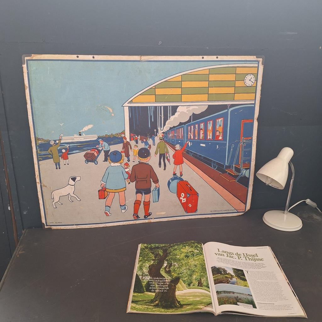 Schoolplaat Adri Alindo 1931 - Trein en Haven (83x63cm), Ophalen