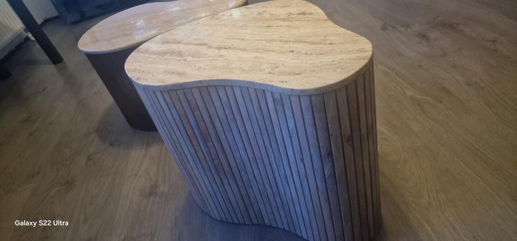 Organische salontafel mangohout met travertin blad, Ophalen of Verzenden