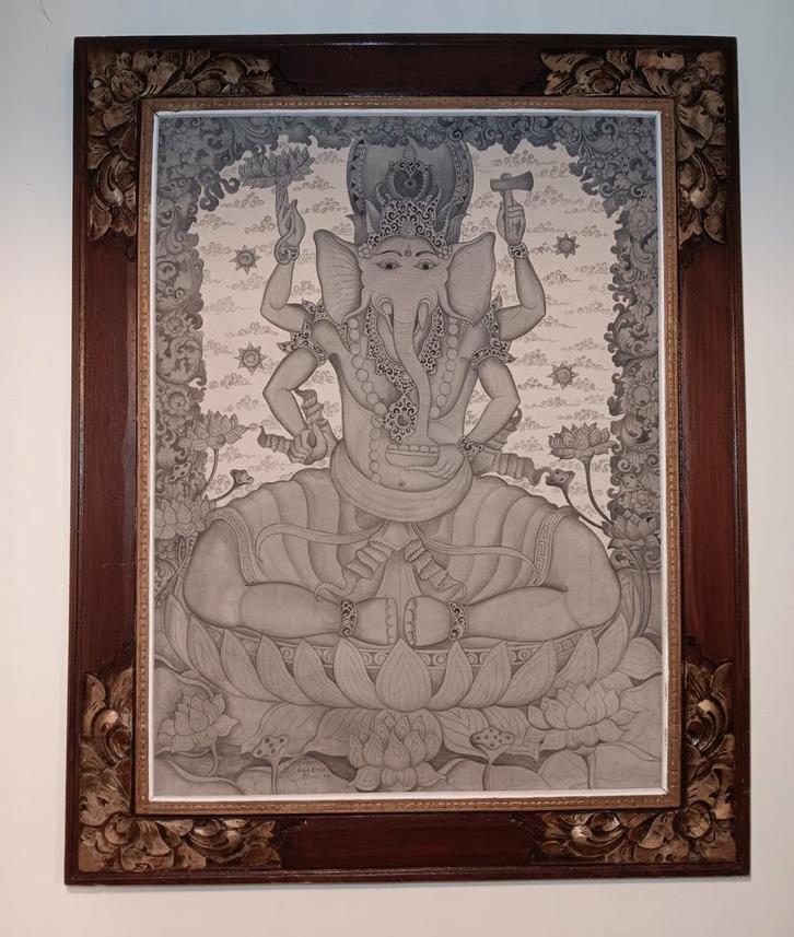 Getekende Ganesha op doek door kunstenaar uit Indonesië, Antiek en Kunst, Kunst | Niet-Westerse kunst, Ophalen