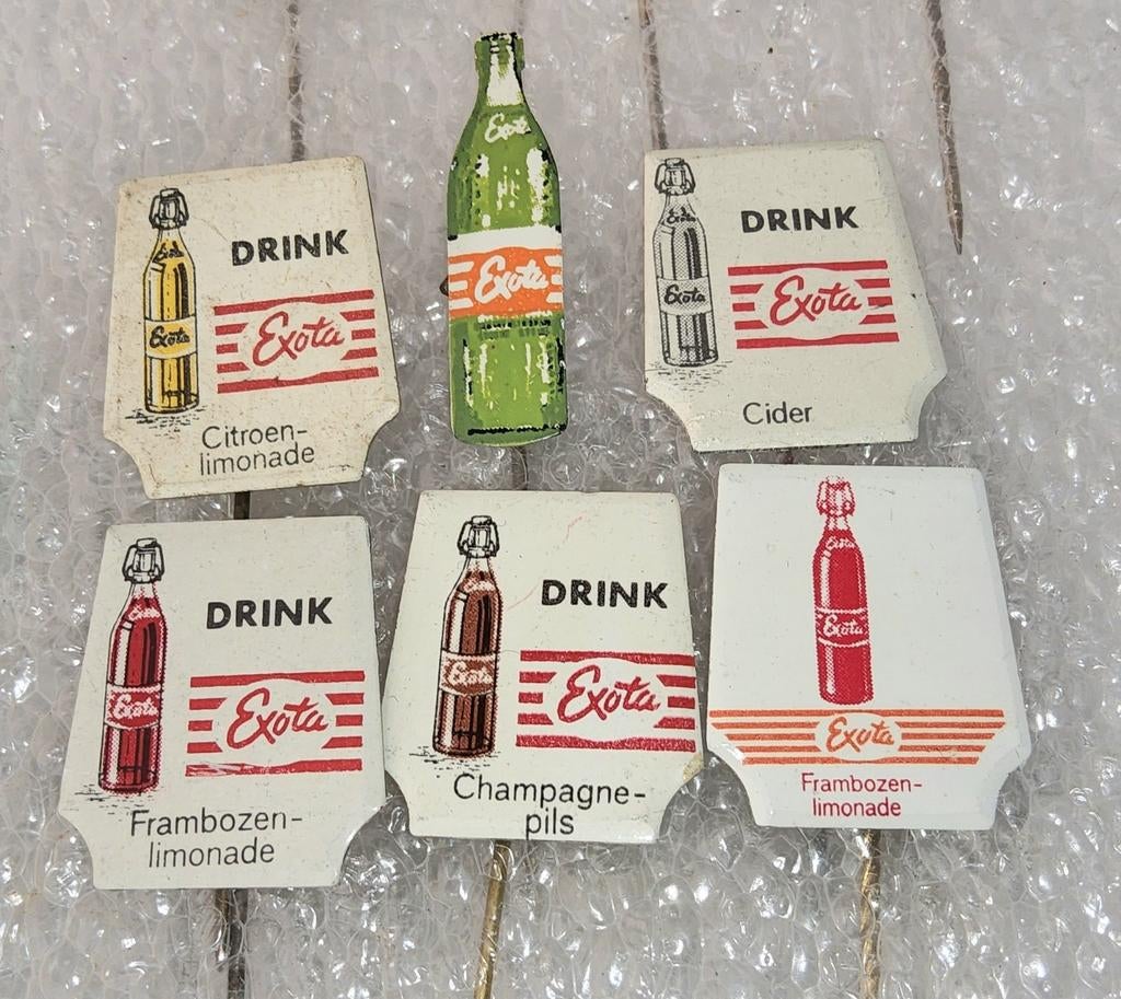 6 Vintage Exota Limonade Speldjes - Diverse Smaken, Ophalen of Verzenden, Gebruikt, Merk, Speldje of Pin