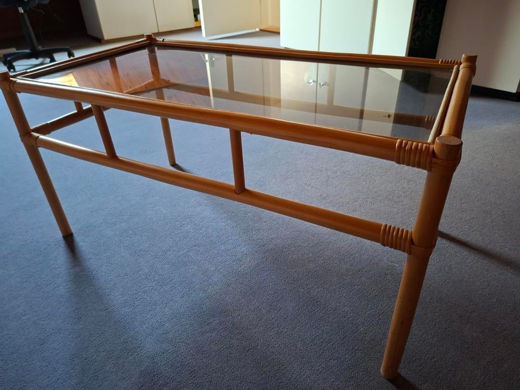 Bamboe tafel met glazen blad - 95x51x46 cm, 50 tot 100 cm, Glas, Zo goed als nieuw, Minder dan 50 cm