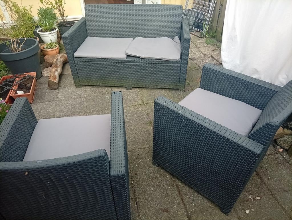 Tuinset met bank en twee stoelen, Tuin en Terras, Tuinsets en Loungesets, Ophalen, Gebruikt, Wicker, Bank
