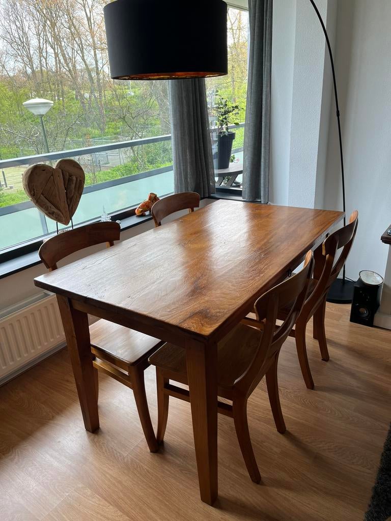 Teak tafel en stoelen, in zeer goede staat!, Ophalen of Verzenden, Gebruikt, 4 tot 6 stoelen