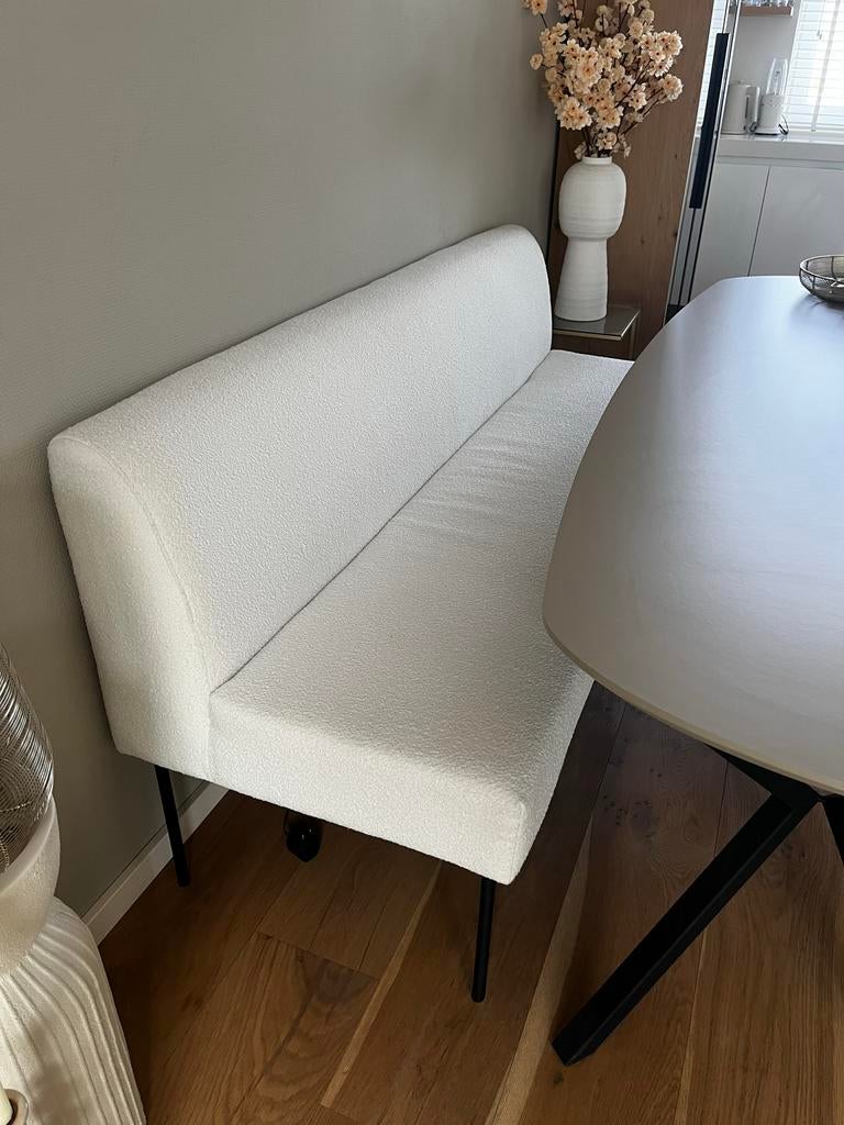 Eetkamerbank in witte boucle teddystof, Ophalen, Minder dan 75 cm, 150 tot 200 cm, Rechte bank