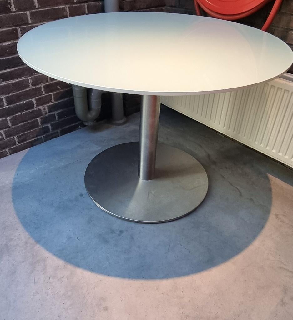 Ronde tafel met glazen bovenblad - diameter 1 m, Ophalen, Gebruikt, 50 tot 100 cm, Rond