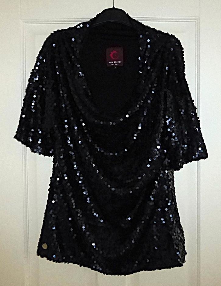 Anja Gockel opvallende pailletten top feestelijk mt L 47714, Kleding | Dames, Tops, Zo goed als nieuw, Maat 42/44 (L), Zwart, Korte mouw
