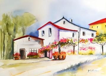 Spaanse Huisjes, aquarel 70x50 cm. beschikbaar voor biedingen