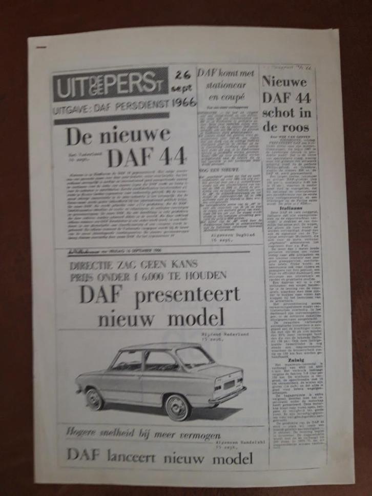 Daf 44 commentaren uit de pers , introductie 1966, Boeken, Auto's | Folders en Tijdschriften, Zo goed als nieuw, Overige merken