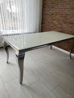 Eettafel met zilveren poten zware glasplaat erop, Ophalen, 50 tot 100 cm, Vijf personen of meer, 150 tot 200 cm