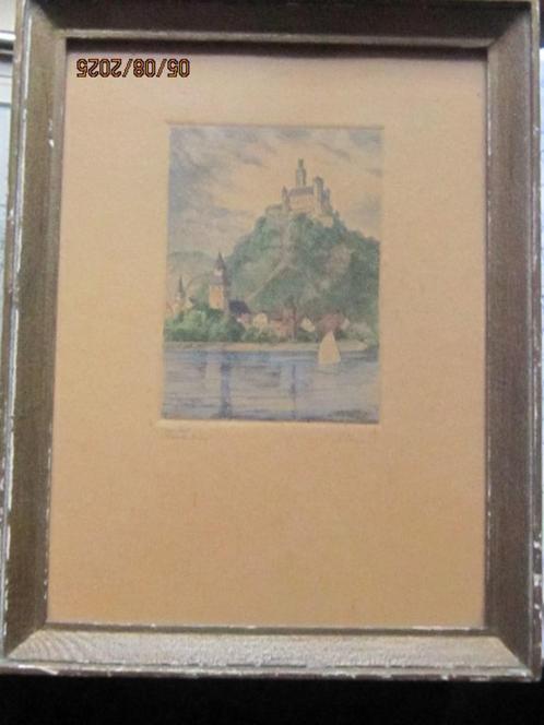 Mooie kleuretsje van Kasteel MARKSBURG (Duitsland) gesigneer, Antiek en Kunst, Kunst | Etsen en Gravures, Ophalen of Verzenden