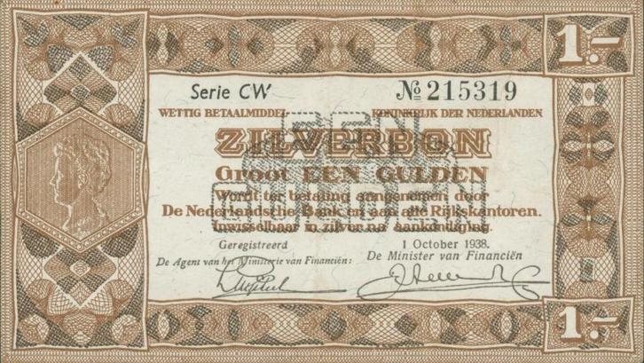 Een Gulden Zilverbon No CW 215319, 1938, Postzegels en Munten, Bankbiljetten | Nederland, Los biljet, 1 gulden, Verzenden
