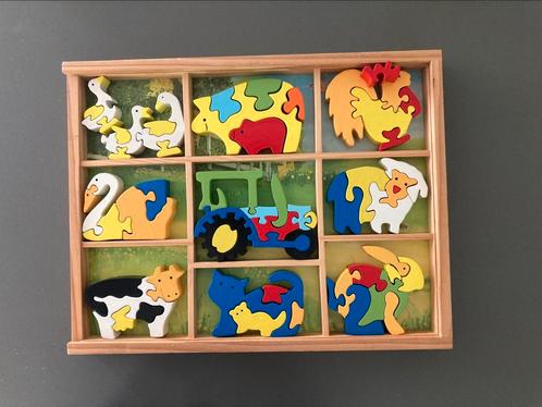 Houten dierenpuzzeltjes in afsluitbare doos !, Kinderen en Baby's, Speelgoed | Kinderpuzzels, Zo goed als nieuw, 10 tot 50 stukjes