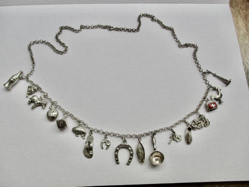 Zilveren jasseron ketting van 71 cm met 17 bedels 835 zilver, Sieraden, Tassen en Uiterlijk, Antieke sieraden, Ketting, Zilver