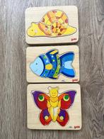 Houten laagjes puzzels 3x (slak, vis en vlinder) GOKI, Ophalen of Verzenden, 10 tot 50 stukjes, Gebruikt, 2 tot 4 jaar