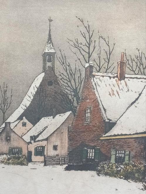 Ets De Vries Dorpstraatje in de Sneeuw, Antiek en Kunst, Kunst | Etsen en Gravures, Verzenden