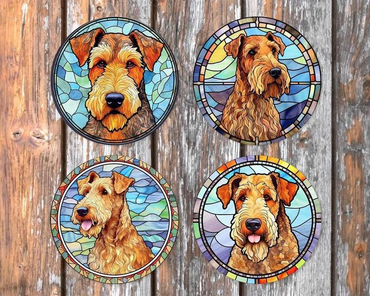 Airedale Terriër Glas in Lood onderzetters met houder, Huis en Inrichting, Woonaccessoires | Onderzetters, Nieuw, Glas of Kopje