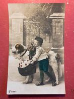 6-10-1910 Jongetje met St Bernard hond in de sneeuw, Gelopen, Ophalen of Verzenden, Voor 1920, Hond of Kat